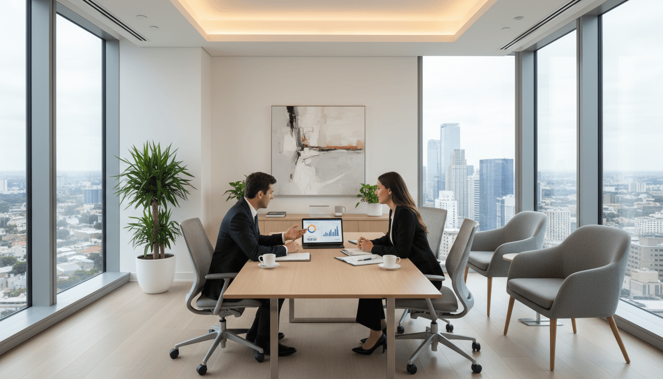 Financial advisor and client discussing investment portfolio strategy at minimalist conference table with city skyline view