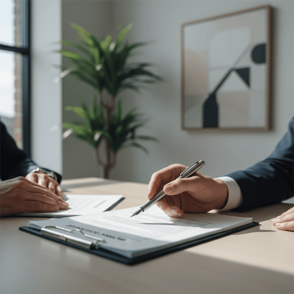 Financial consultant hands reviewing mortgage documents and loan papers with client during professional consultation