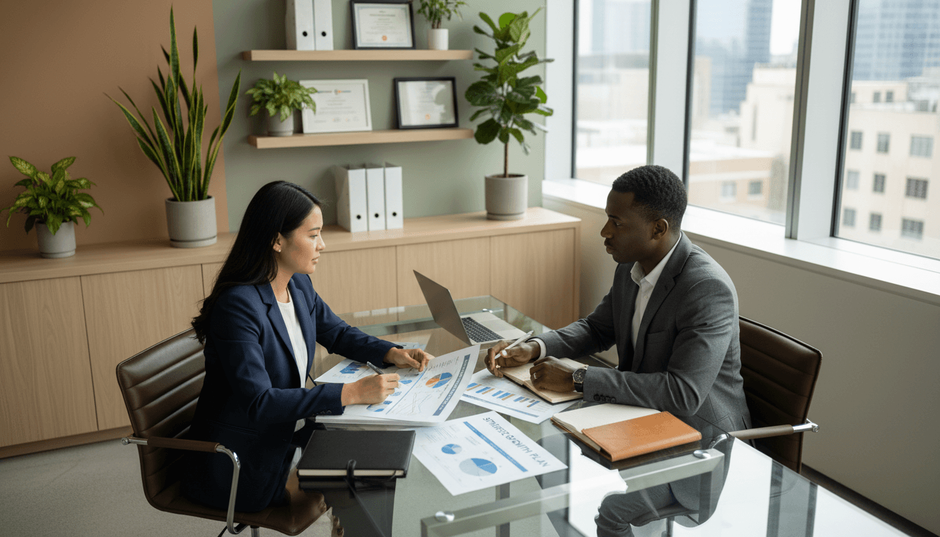 Financial advisor and client reviewing financial reports together at modern glass desk in bright professional office