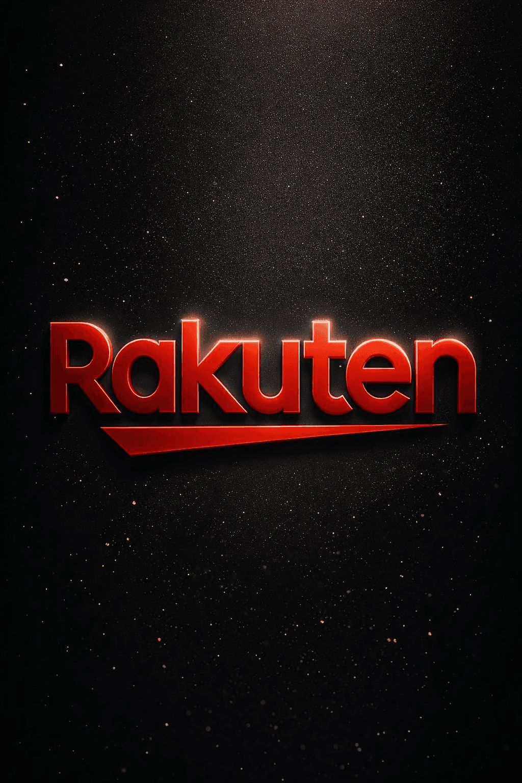 Glowing red Rakuten logo with a metallic finish on a dark, speckled, textured background.