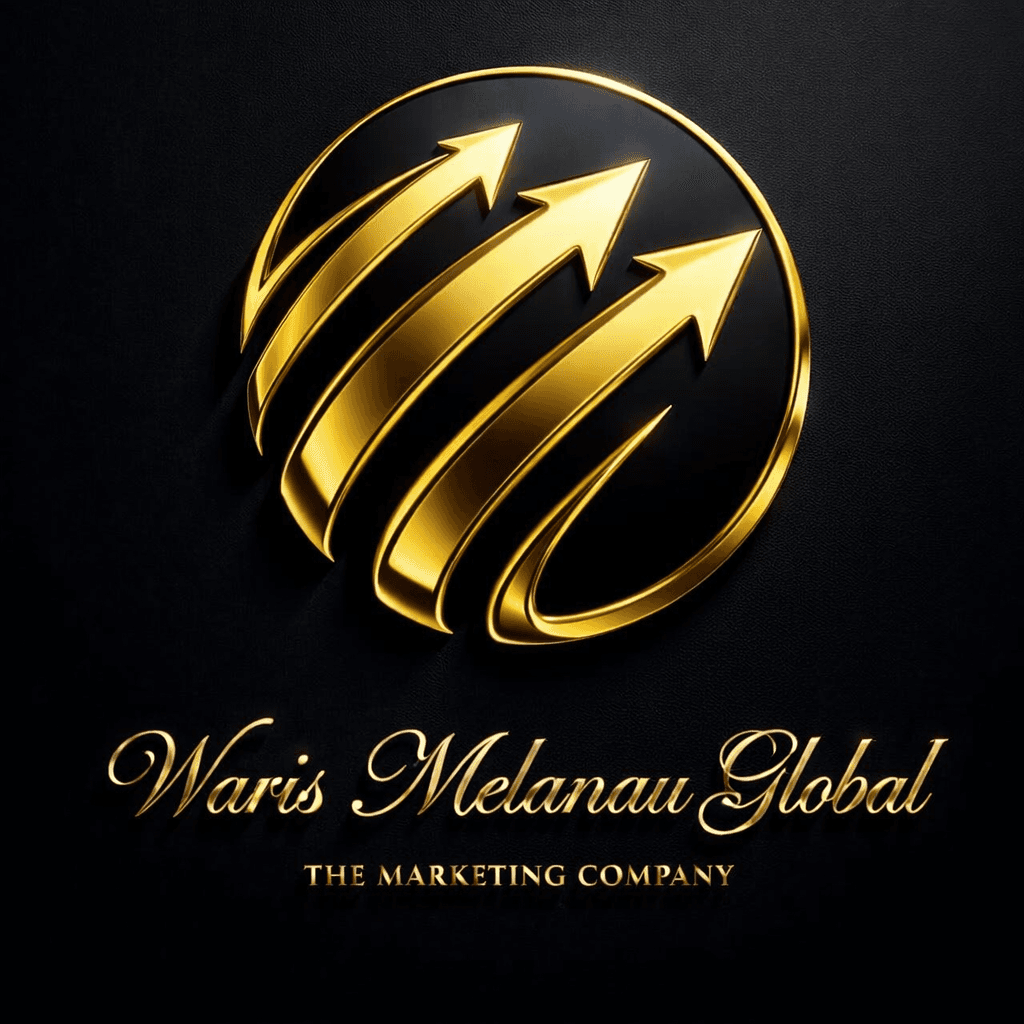 Golden Waris Melanau Global logo with three upward arrows in a circle on black.